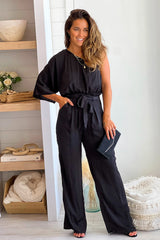 Black One Shoulder Satin Jumpsuit