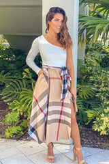 White And Mocha Plaid Midi Dress