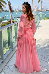 Salmon Maxi Dress With Long Sleeves And Slit