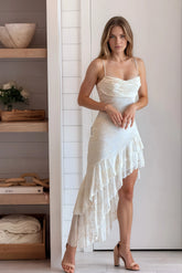Ivory Floral Asymmetrical Ruffle Hem Dress