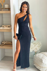 Black Glitter One Shoulder Maxi Dress With Slit