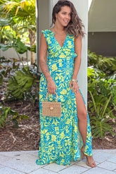 Blue Printed Maxi Dress With Slit