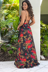 Black Floral Satin Ruffled Dress
