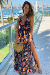Navy Floral Cut Out Maxi Dress