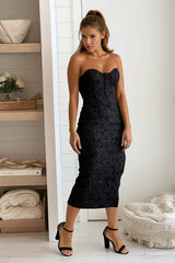 Black Floral Jacquard Knit Tube Midi Dress