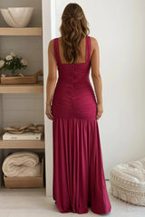 Wine Jersey Ruched Maxi Dress With Slit