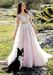 Pink and White Lace Appliques Long Sleeves Tulle Wedding Dresses with Belt