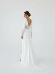 Casual V neck mermaid Sweep Train Long Sleeve Wedding Dress With Slit