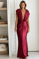 Wine Shiny Satin Draped Maxi Dress
