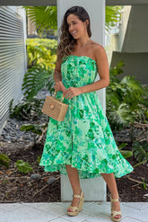 Green Floral Print High Low Dress