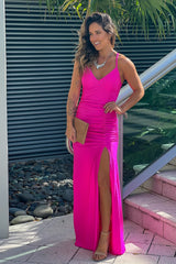Fuchsia Ruched Maxi Dress With Slit