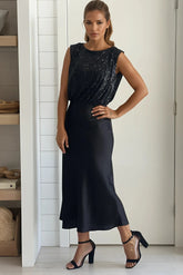Black Sequined Top Satin Midi Dress