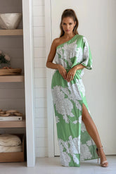 Green And Cream Printed One Shoulder Dress