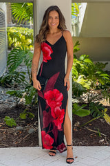 Black Printed Strappy Back Maxi Dress With Slit