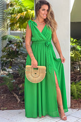 Green V Neck Maxi Dress With Tie Straps