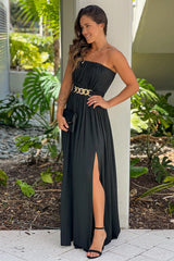 Black Strapless Maxi Dress With Chain Belt