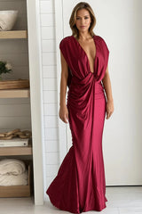 Wine Shiny Satin Draped Maxi Dress