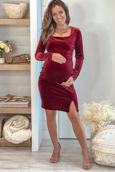 Burgundy Velvet Maternity Dress With Side Slit