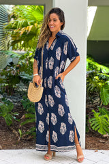 Navy Printed Button Down Maxi Dress