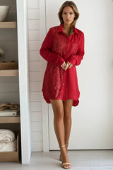 Red Button Down Sequined Shirt Dress