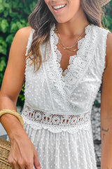Off White Swiss Dot Maxi Dress with Crochet Detail