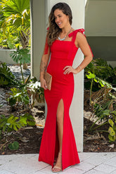 Red Maxi Dress With Slit And Tie Bows