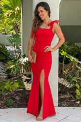 Red Maxi Dress With Slit And Tie Bows