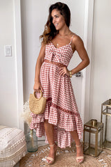 Brick Plaid Front Tie High Low Dress