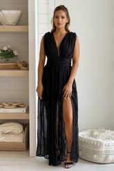 Black Swiss Dot V Neck Maxi Dress