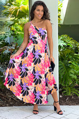 Black And Purple Satin One Shoulder Midi Dress