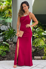 Burgundy One Shoulder Maxi Dress With Slit