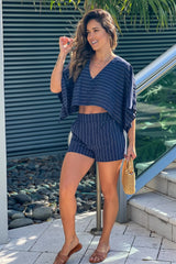 Navy Striped Top And Short Pants Set