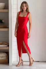 Red Pleated Wrap Midi Dress