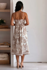 Beige Printed V Neck A Line Dress
