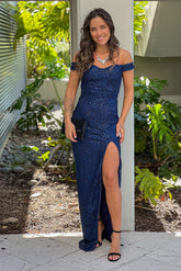 Navy Off Shoulder Lace Sequin Maxi Dress