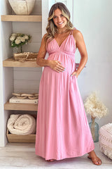 Rose V Neck Maternity Maxi Dress with Pockets