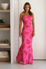 Pink And Red Double Back Strap Ruched Maxi Dress