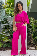 Magenta One Shoulder Satin Top And Pants Set