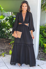 Black Maxi Dress With Cut Out And Long Sleeves