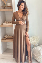 Mocha Maternity Maxi Dress with Long Sleeves