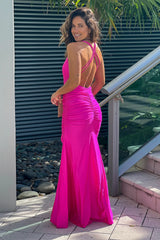 Fuchsia Ruched Maxi Dress With Slit