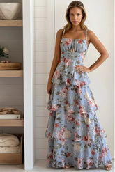 Blue Floral Multi Layered Maxi Dress