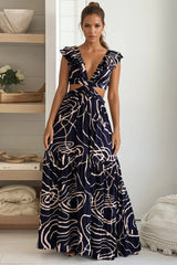Navy Printed Lace Up Back Maxi Dress