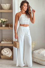 Off White Crochet Top And Pants Set