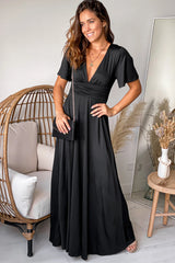 Black V Neck Maxi Dress With Short Sleeves