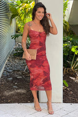 Red Lace Bust Mesh Midi Dress