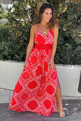 Red Printed Maxi Dress With Crochet Waist