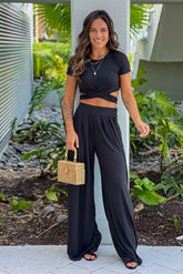 Black Criss Cross Crop Top And Pants Set