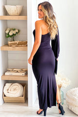 Black One Shoulder Maxi Dress With Side Slit