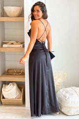 Black Satin Maxi Dress With Criss Cross Back And Ruffle Detail